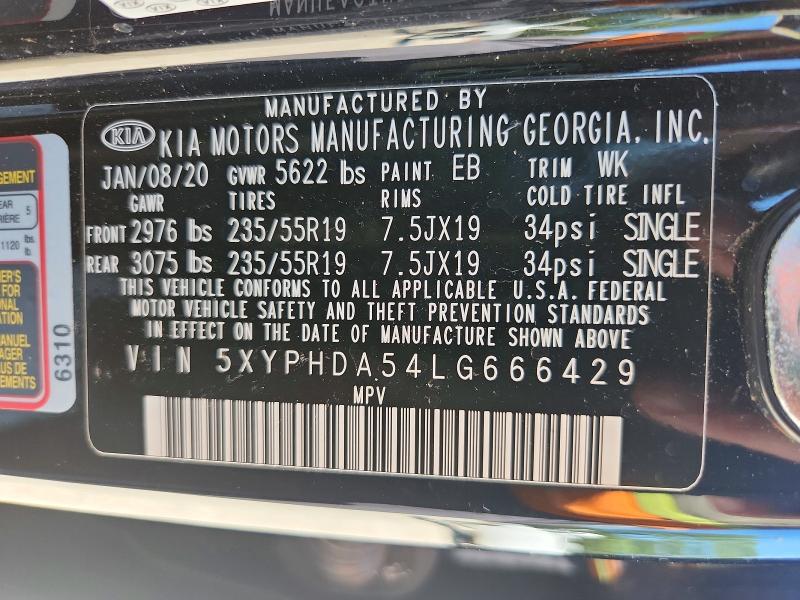 66544316 :رقم المزاد ، 5XYPHDA54LG666429 vin ، 2020 Kia Sorento مزاد بيع