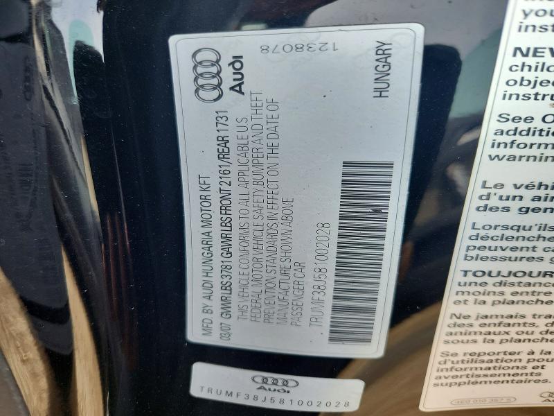 2008 Audi Tt მანქანა იყიდება აუქციონზე, vin: TRUMF38J581002028, აუქციონის ნომერი: 64906696