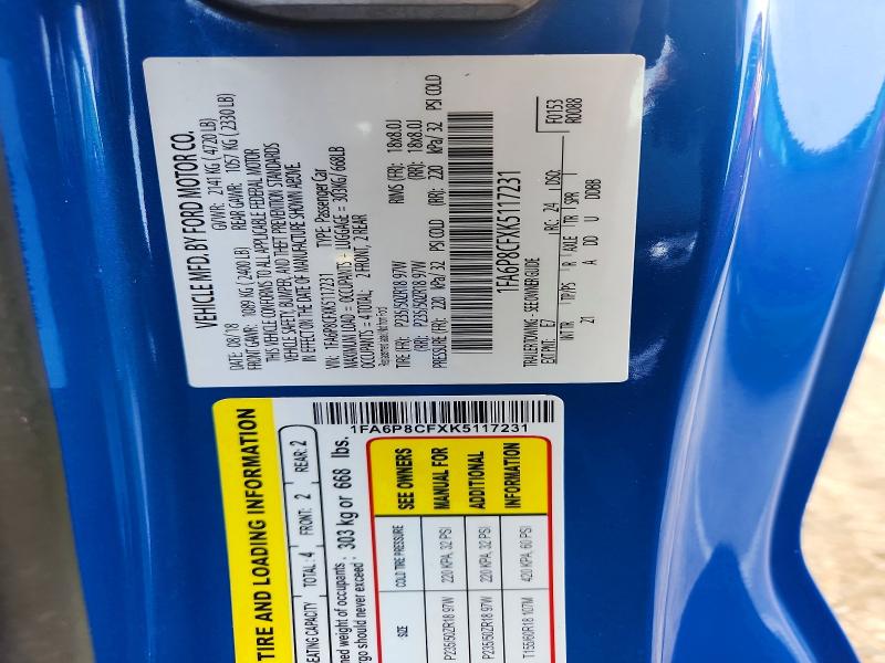 67178816 :رقم المزاد ، 1FA6P8CFXK5117231 vin ، 2019 Ford Mustang مزاد بيع