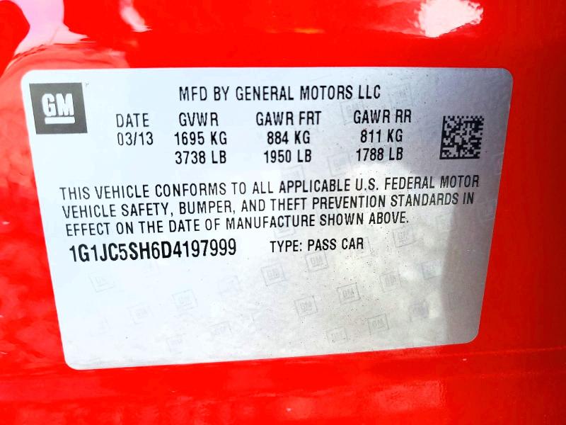 2013 Chevrolet Sonic მანქანა იყიდება აუქციონზე, vin: 1G1JC5SH6D4197999, აუქციონის ნომერი: 62932156
