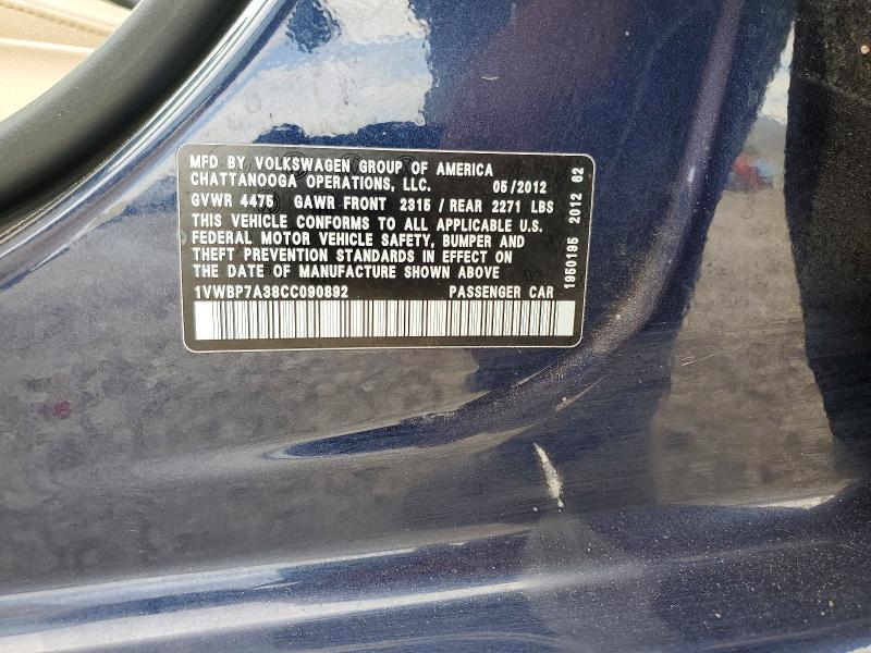 Продажа на аукционе авто 2012 Volkswagen Passat, vin: 1VWBP7A38CC090892, номер лота: 66978956