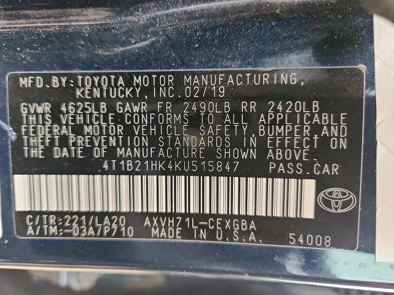 64224806 :رقم المزاد ، 4T1B21HK4KU515847 vin ، 2019 Toyota Camry Hybrid مزاد بيع
