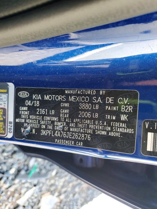 2018 Kia Forte მანქანა იყიდება აუქციონზე, vin: 3KPFL4A76JE262876, აუქციონის ნომერი: 66310796