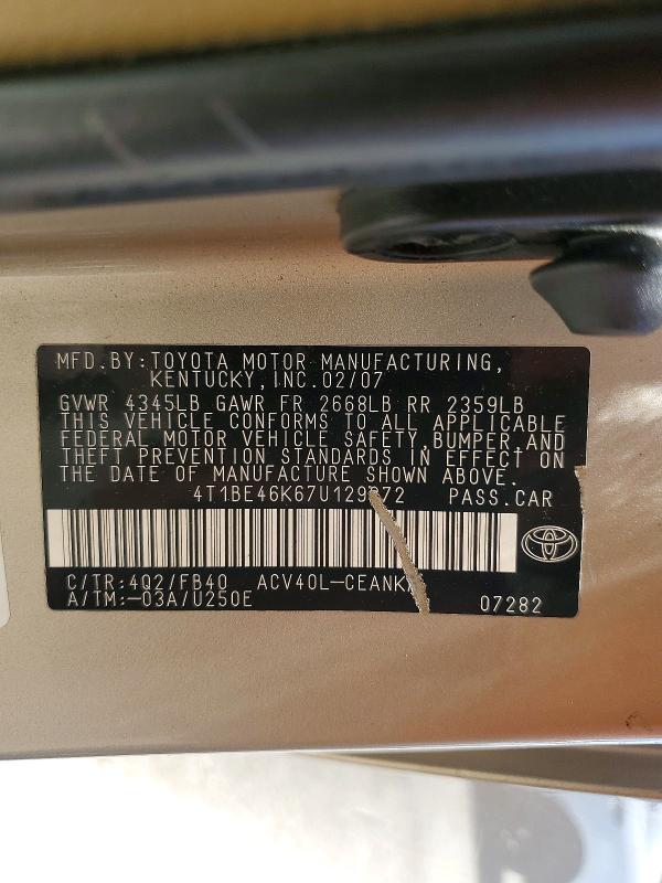 Aukcja sprzedaży 2007 Toyota Camry, vin: 4T1BE46K67U129272, numer aukcji: 63763876