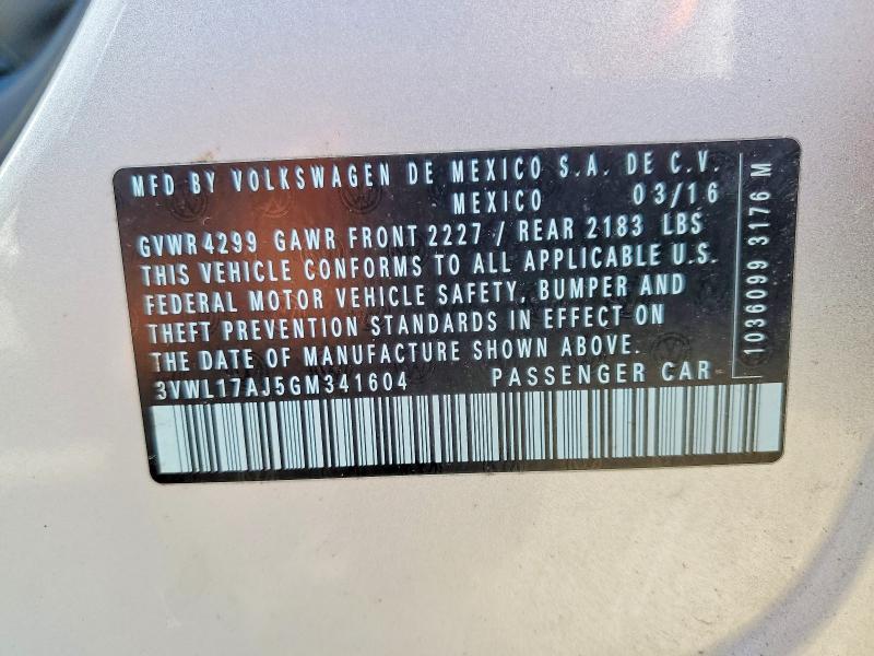 2016 Volkswagen Jetta მანქანა იყიდება აუქციონზე, vin: 3VWL17AJ5GM341604, აუქციონის ნომერი: 64077546