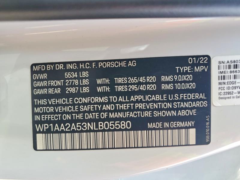 2022 Porsche Macan მანქანა იყიდება აუქციონზე, vin: WP1AA2A53NLB05580, აუქციონის ნომერი: 64234236