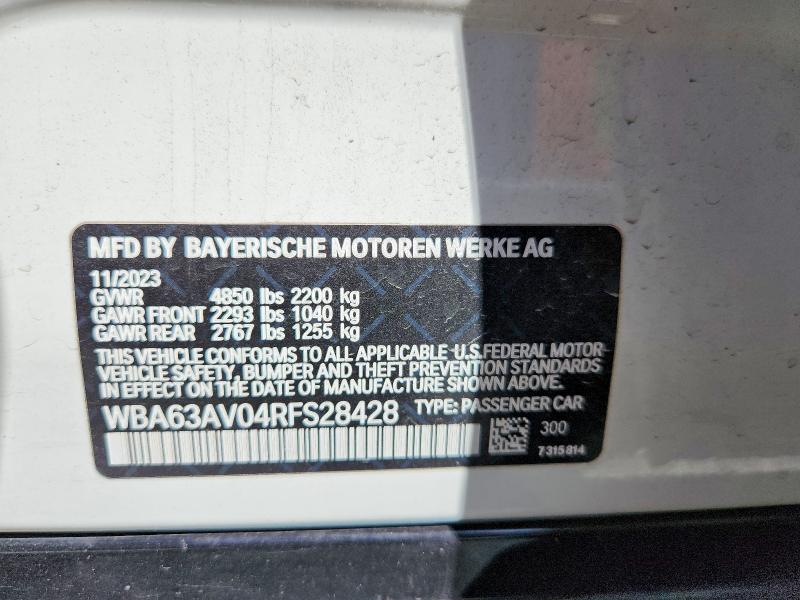 66061476 :رقم المزاد ، WBA63AV04RFS28428 vin ، 2024 Bmw 430i مزاد بيع