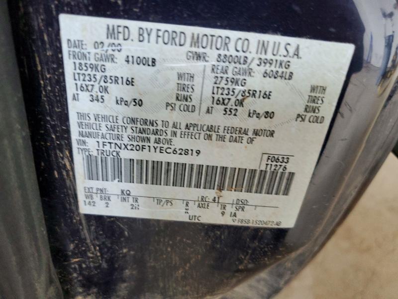 2000 Ford F250 მანქანა იყიდება აუქციონზე, vin: 1FTNX20F1YEC62819, აუქციონის ნომერი: 65715896