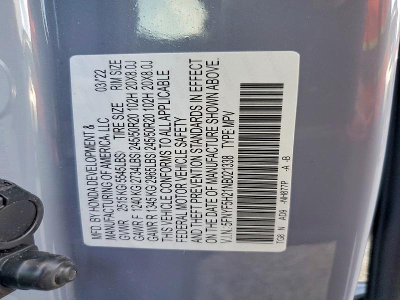 Aukcja sprzedaży 2022 Honda Pilot, vin: 5FNYF5H21NB021338, numer aukcji: 65860966