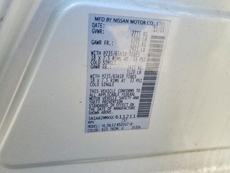 63552006 :رقم المزاد ، 5N1AR2MMXGC611211 vin ، 2016 Nissan Pathfinder مزاد بيع