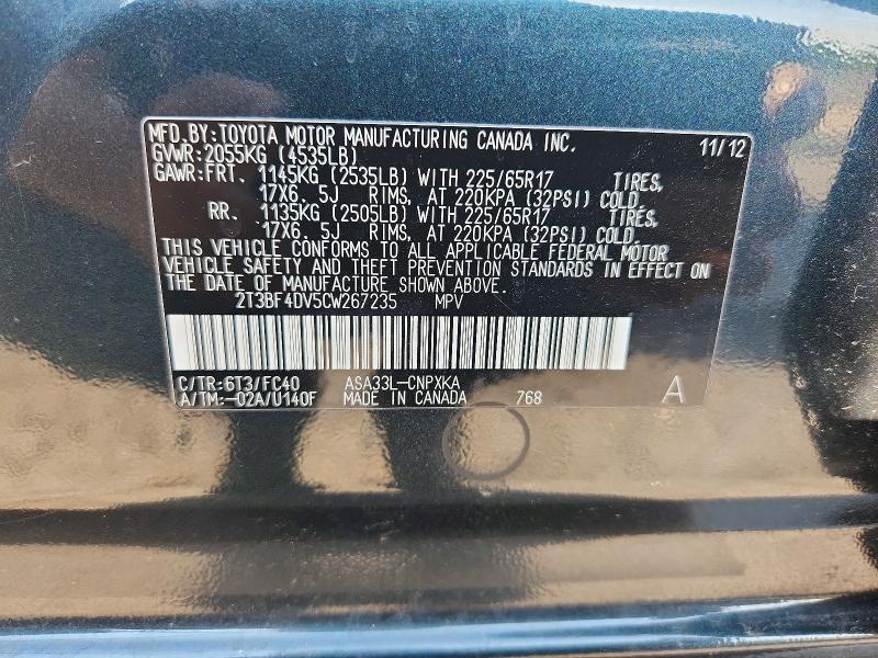 Продаж на аукціоні авто 2012 Toyota Rav4, vin: 2T3BF4DV5CW267235, номер лоту: 65439866