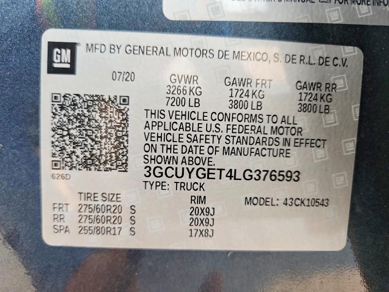 Aukcja sprzedaży 2020 Chevrolet Silverado, vin: 3GCUYGET4LG376593, numer aukcji: 65567036