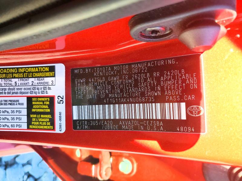 Продаж на аукціоні авто 2022 Toyota Camry, vin: 4T1G11AK4NU068735, номер лоту: 64680936