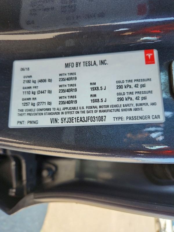 2018 Tesla Model 3 მანქანა იყიდება აუქციონზე, vin: 5YJ3E1EA3JF031087, აუქციონის ნომერი: 64365406