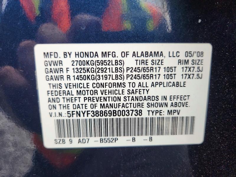 2009 Honda Pilot მანქანა იყიდება აუქციონზე, vin: 5FNYF38869B003738, აუქციონის ნომერი: 64928286