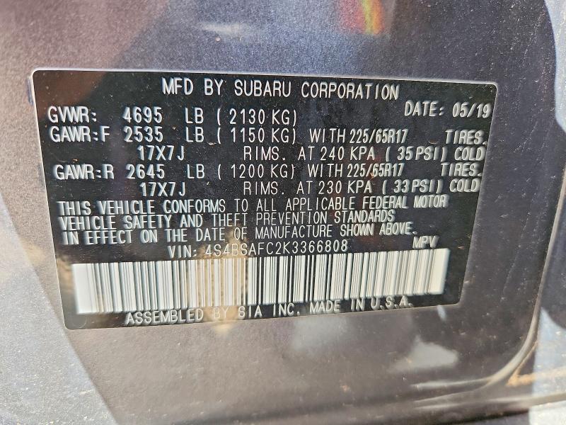 Продаж на аукціоні авто 2019 Subaru Outback, vin: 4S4BSAFC2K3366808, номер лоту: 66585246
