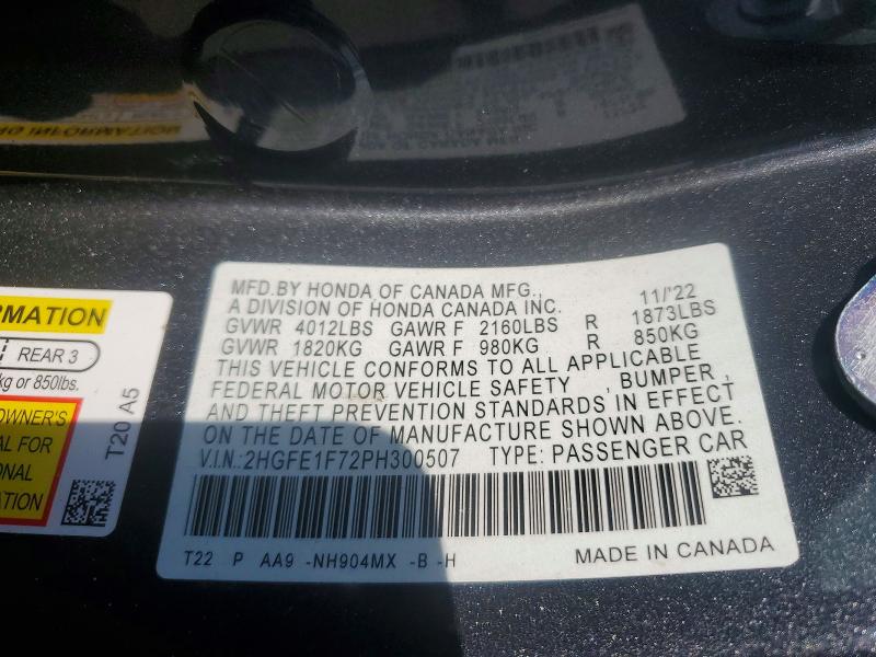 Aukcja sprzedaży 2023 Honda Civic, vin: 2HGFE1F72PH300507, numer aukcji: 65512196