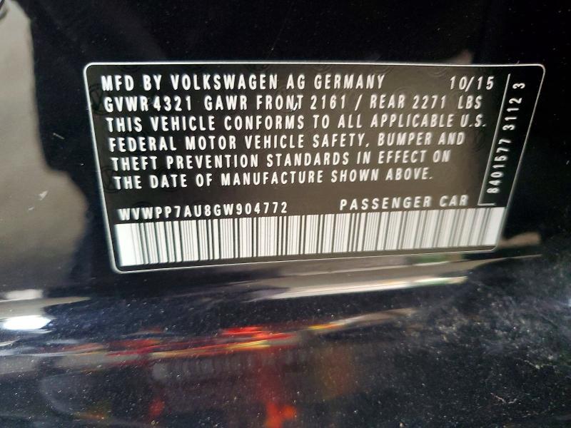 63497456 :رقم المزاد ، WVWPP7AU8GW904772 vin ، 2016 Volkswagen E-golf مزاد بيع