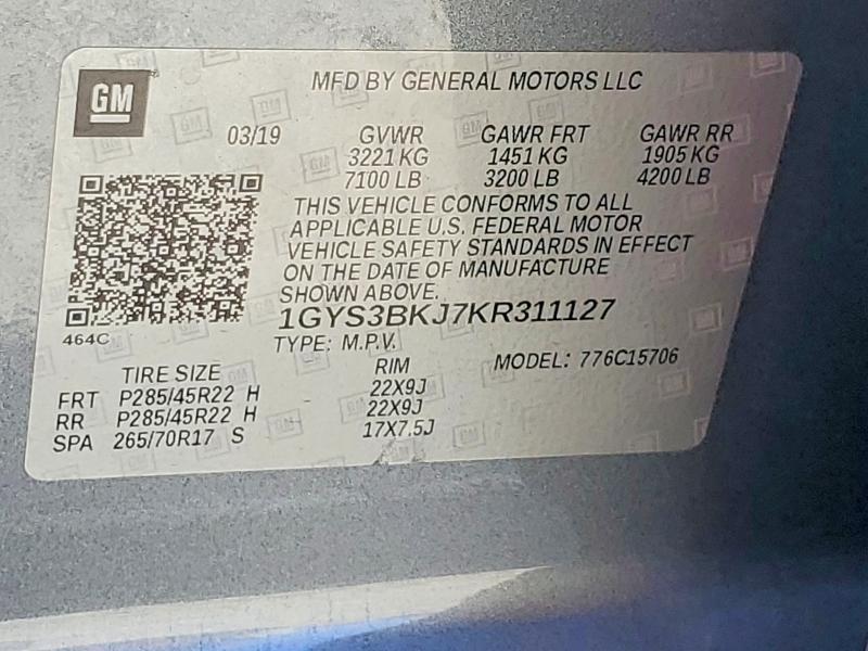 2019 Cadillac Escalade მანქანა იყიდება აუქციონზე, vin: 1GYS3BKJ7KR311127, აუქციონის ნომერი: 65889606