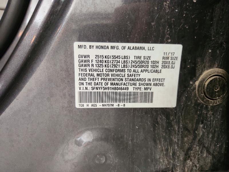Продаж на аукціоні авто 2017 Honda Pilot, vin: 5FNYF5H91HB046449, номер лоту: 64952566