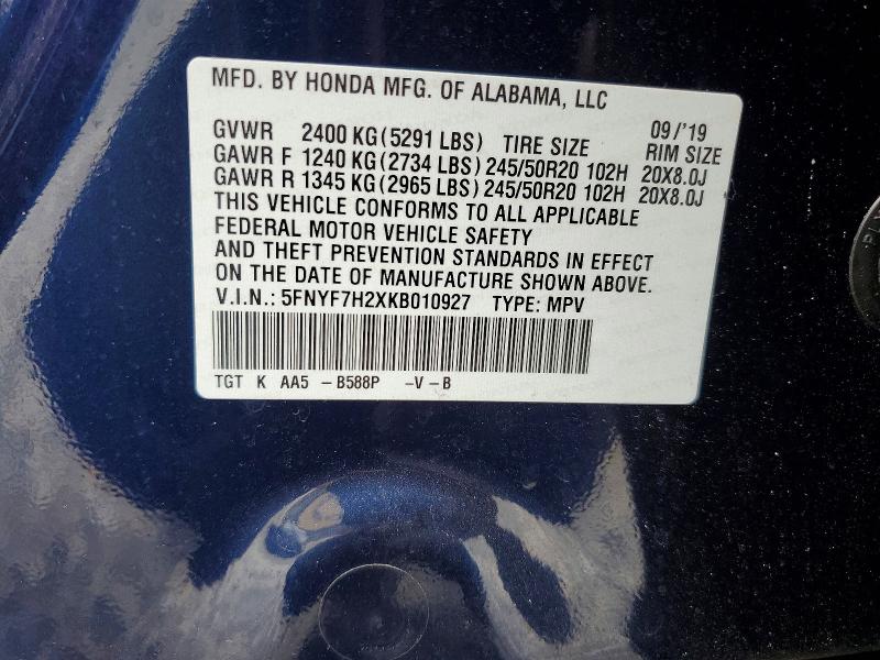 2019 Honda Passport მანქანა იყიდება აუქციონზე, vin: 5FNYF7H2XKB010927, აუქციონის ნომერი: 63259226