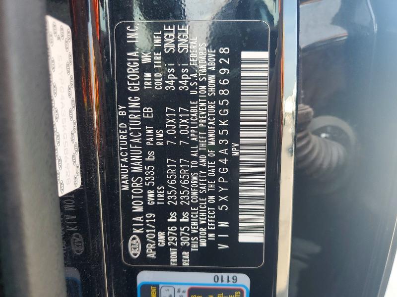 64713386 :رقم المزاد ، 5XYPG4A35KG586928 vin ، 2019 Kia Sorento مزاد بيع