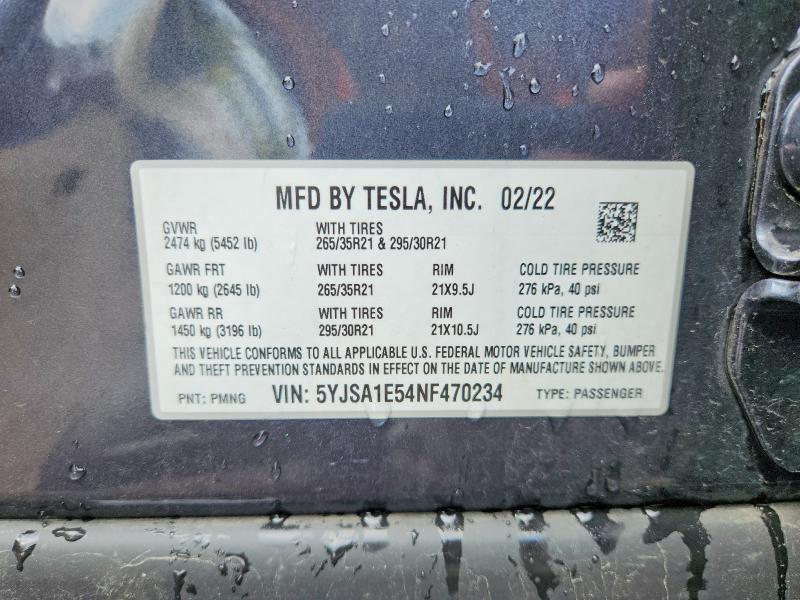 Aukcja sprzedaży 2022 Tesla Model S, vin: 5YJSA1E54NF470234, numer aukcji: 63797896