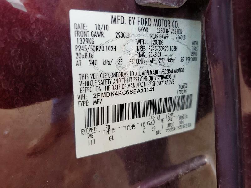 2011 Ford Edge მანქანა იყიდება აუქციონზე, vin: 2FMDK4KC6BBA33141, აუქციონის ნომერი: 64611986