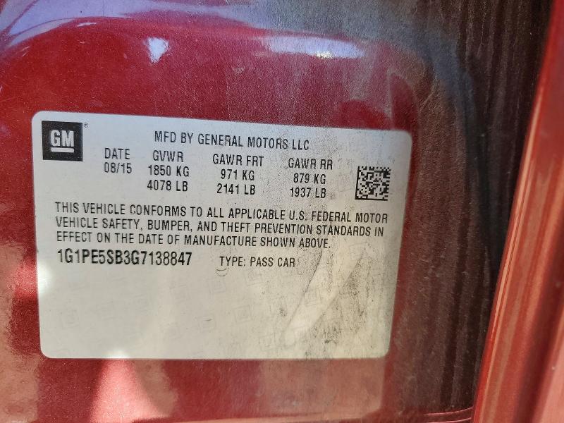 2016 Chevrolet Cruze Limited მანქანა იყიდება აუქციონზე, vin: 1G1PE5SB3G7138847, აუქციონის ნომერი: 65533096