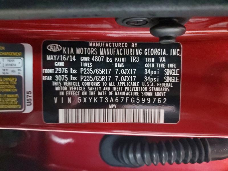 66040546 :رقم المزاد ، 5XYKT3A67FG599762 vin ، 2015 Kia Sorento مزاد بيع