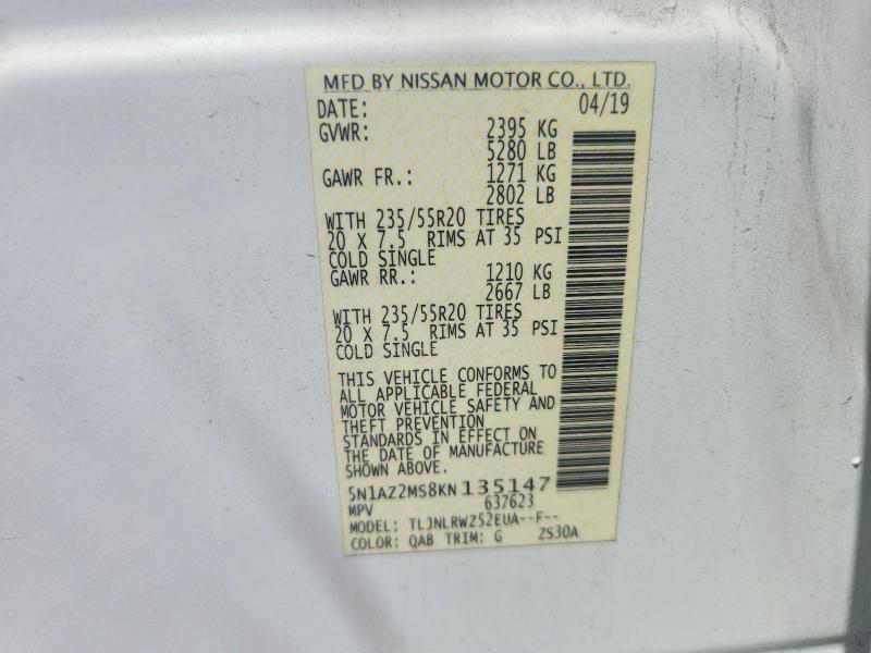 Auction sale of the 2019 Nissan Murano, vin: 5N1AZ2MS8KN135147, lot number: 63929366