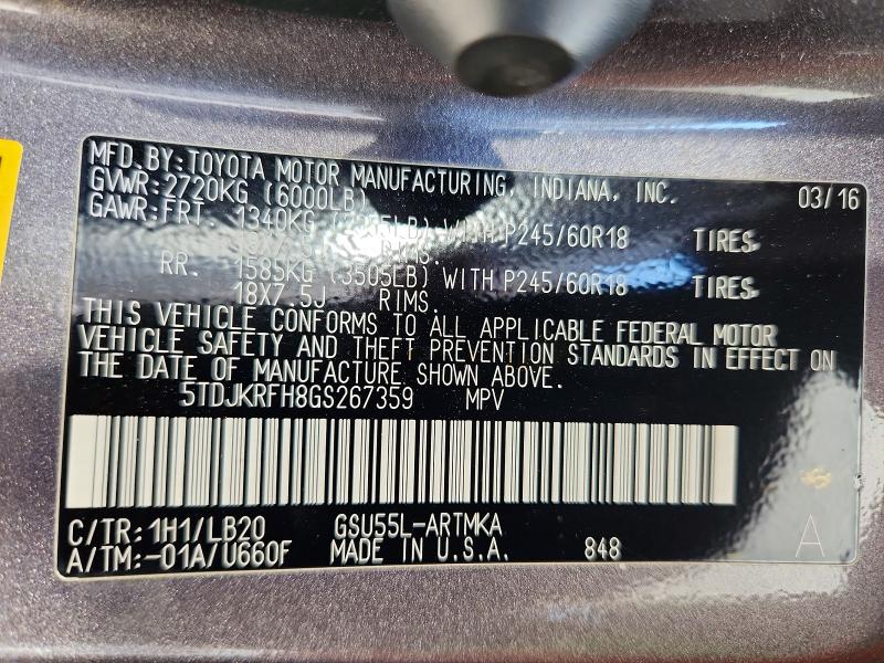 Aukcja sprzedaży 2016 Toyota Highlander, vin: 5TDJKRFH8GS267359, numer aukcji: 63912516