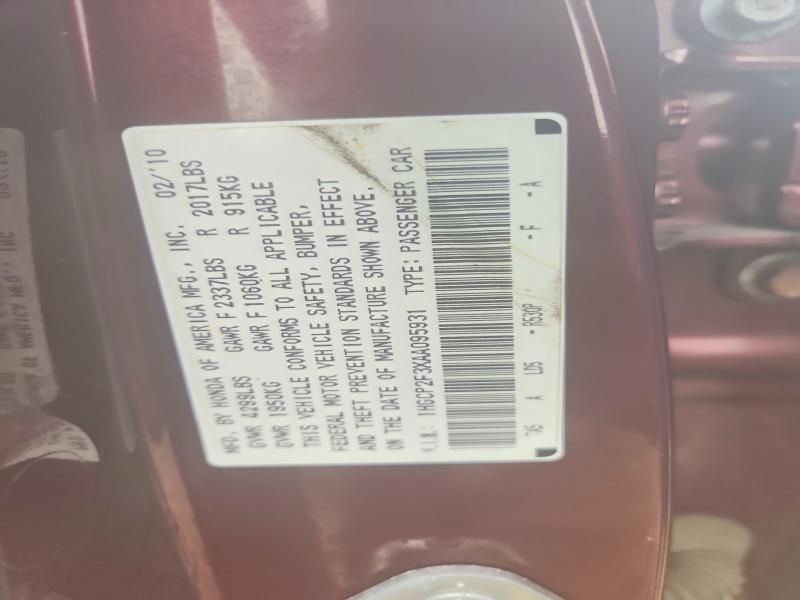 65101436 :رقم المزاد ، 1HGCP2F3XAA095931 vin ، 2010 Honda Accord مزاد بيع