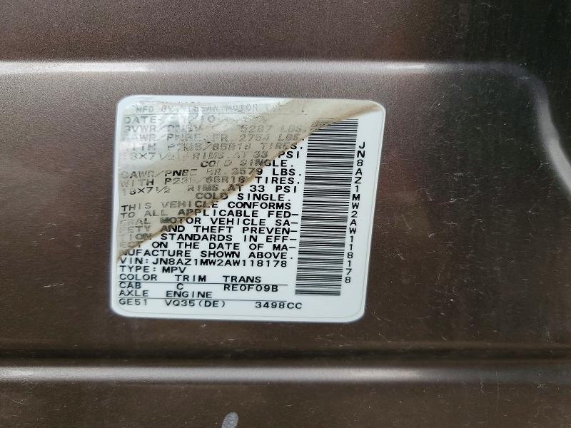 Продажа на аукционе авто 2010 Nissan Murano, vin: JN8AZ1MW2AW118178, номер лота: 64987486