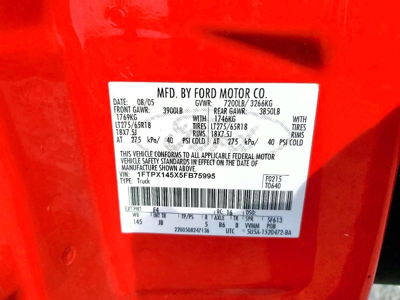 Продаж на аукціоні авто 2005 Ford F150, vin: 1FTPX145X5FB75995, номер лоту: 64670656