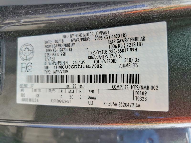 Aukcja sprzedaży 2018 Ford Escape, vin: 1FMCU0GD7JUB57802, numer aukcji: 64263966