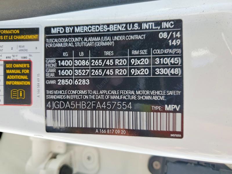 Продажа на аукционе авто 2015 Mercedes-benz Ml, vin: 4JGDA5HB2FA457554, номер лота: 63913066