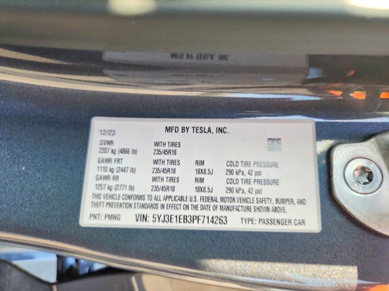 66757446 :رقم المزاد ، 5YJ3E1EB3PF714263 vin ، 2023 Tesla Model 3 مزاد بيع