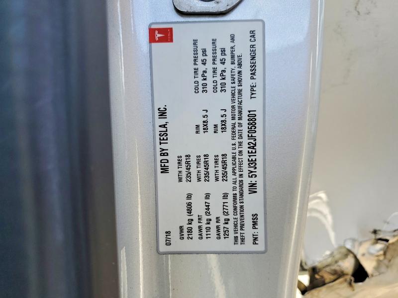 Auction sale of the 2018 Tesla Mdl 3, vin: 5YJ3E1EA2JF058801, lot number: 67109166