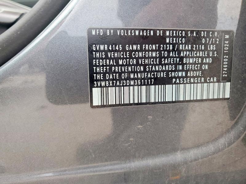 58797186 :رقم المزاد ، 3VWBX7AJ3DM351117 vin ، 2013 Volkswagen Jetta مزاد بيع