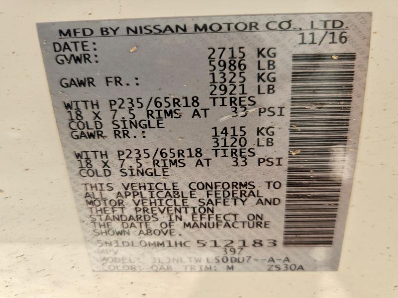 Aukcja sprzedaży 2017 Infiniti Qx60, vin: 5N1DL0MM1HC512183, numer aukcji: 64633816