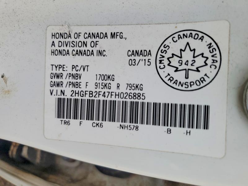 Продажа на аукционе авто 2015 Honda Civic, vin: 2HGFB2F47FH026885, номер лота: 63685076