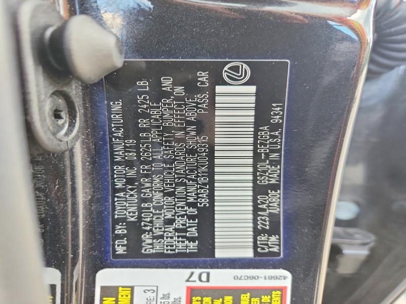 Продаж на аукціоні авто 2019 Lexus Es, vin: 58ABZ1B11KU049315, номер лоту: 63148026