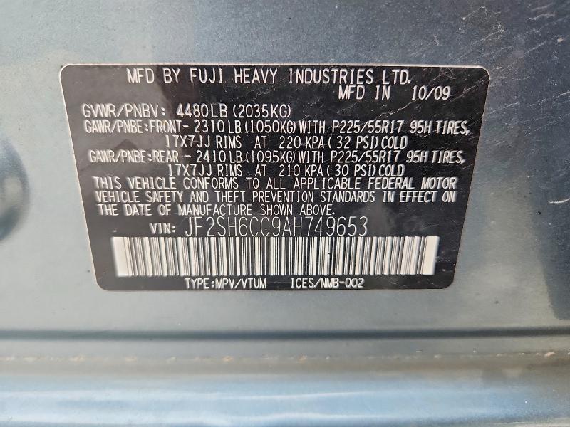 2010 Subaru Forester მანქანა იყიდება აუქციონზე, vin: JF2SH6CC9AH749653, აუქციონის ნომერი: 63911236