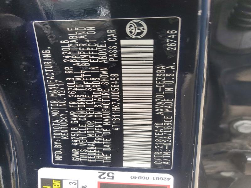 2018 Toyota Camry მანქანა იყიდება აუქციონზე, vin: 4T1B11HK7JU056458, აუქციონის ნომერი: 65020286