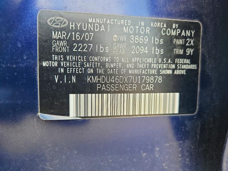 Aukcja sprzedaży 2007 Hyundai Elantra, vin: KMHDU46DX7U179878, numer aukcji: 62853026