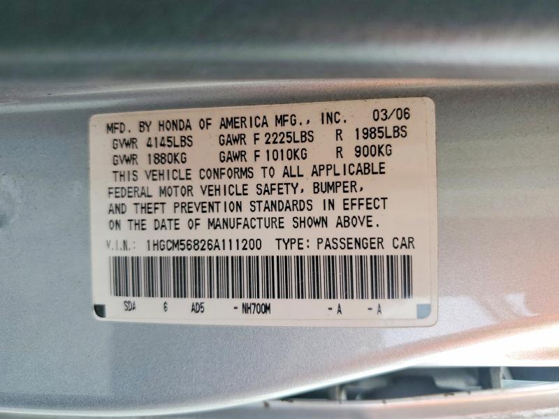Aukcja sprzedaży 2006 Honda Accord, vin: 1HGCM56826A111200, numer aukcji: 67013956