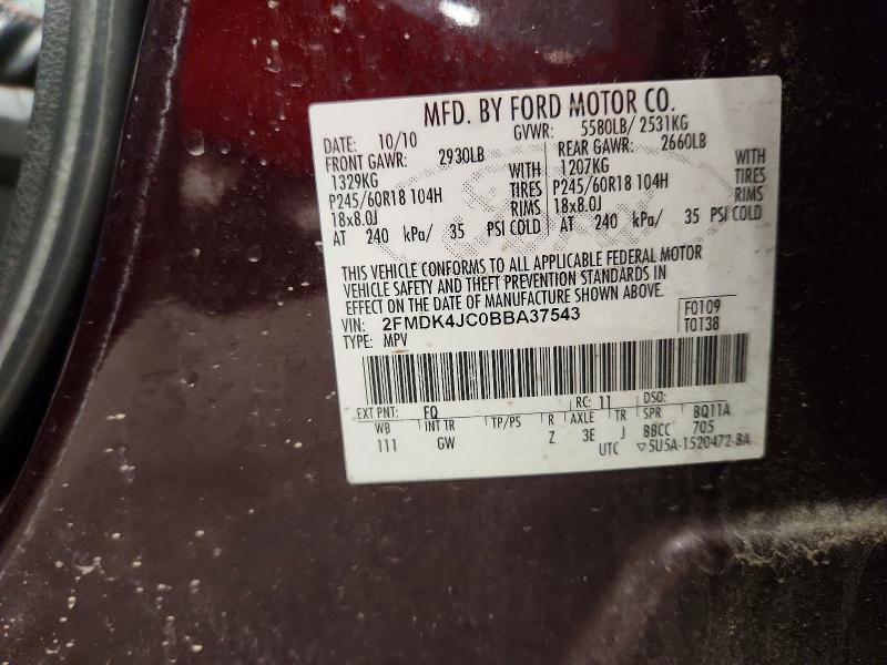 65208406 :رقم المزاد ، 2FMDK4JC0BBA37543 vin ، 2011 Ford Edge مزاد بيع