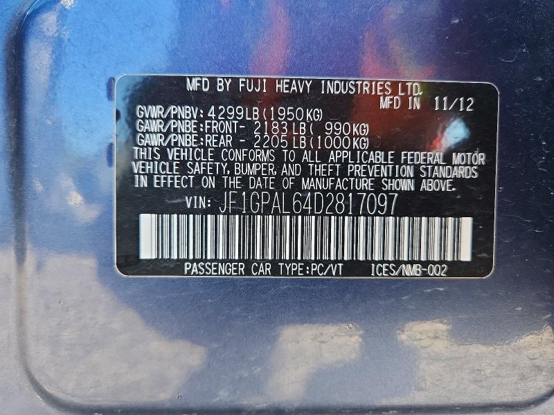 Продажа на аукционе авто 2013 Subaru Impreza, vin: JF1GPAL64D2817097, номер лота: 64998646