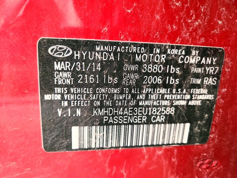 2014 Hyundai Elantra მანქანა იყიდება აუქციონზე, vin: KMHDH4AE3EU182588, აუქციონის ნომერი: 64026646